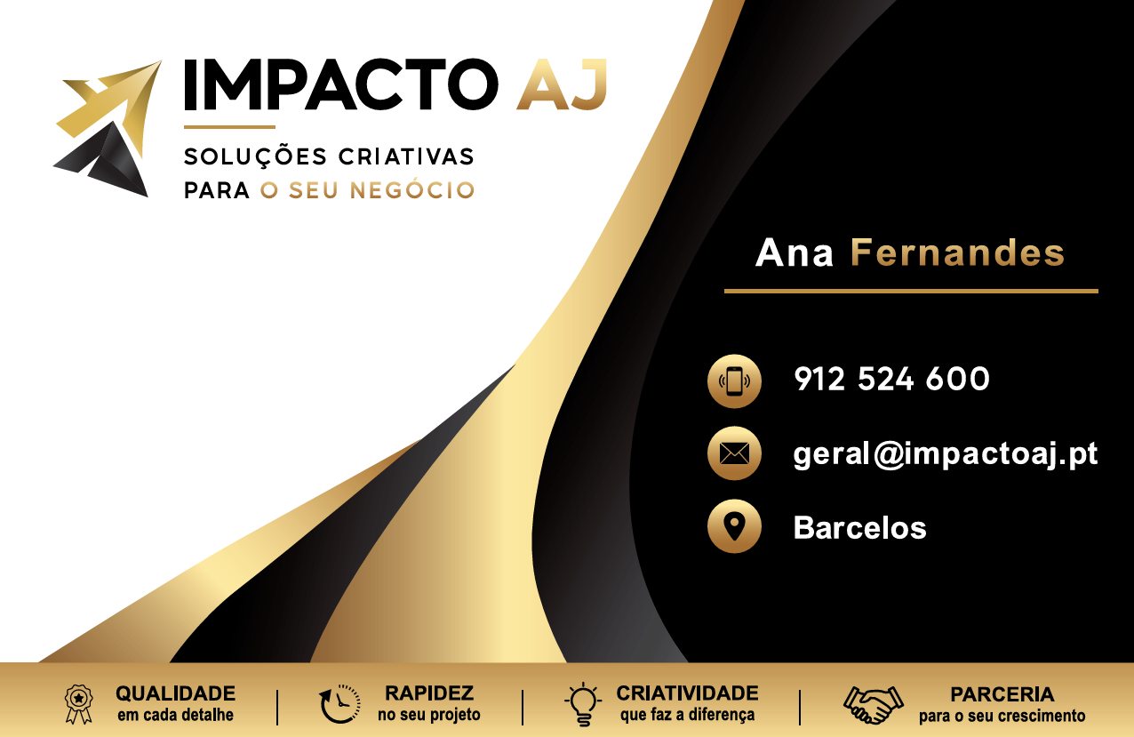 Cartão de visita Impacto AJ em preto e dourado, com os contactos de Ana Fernandes
